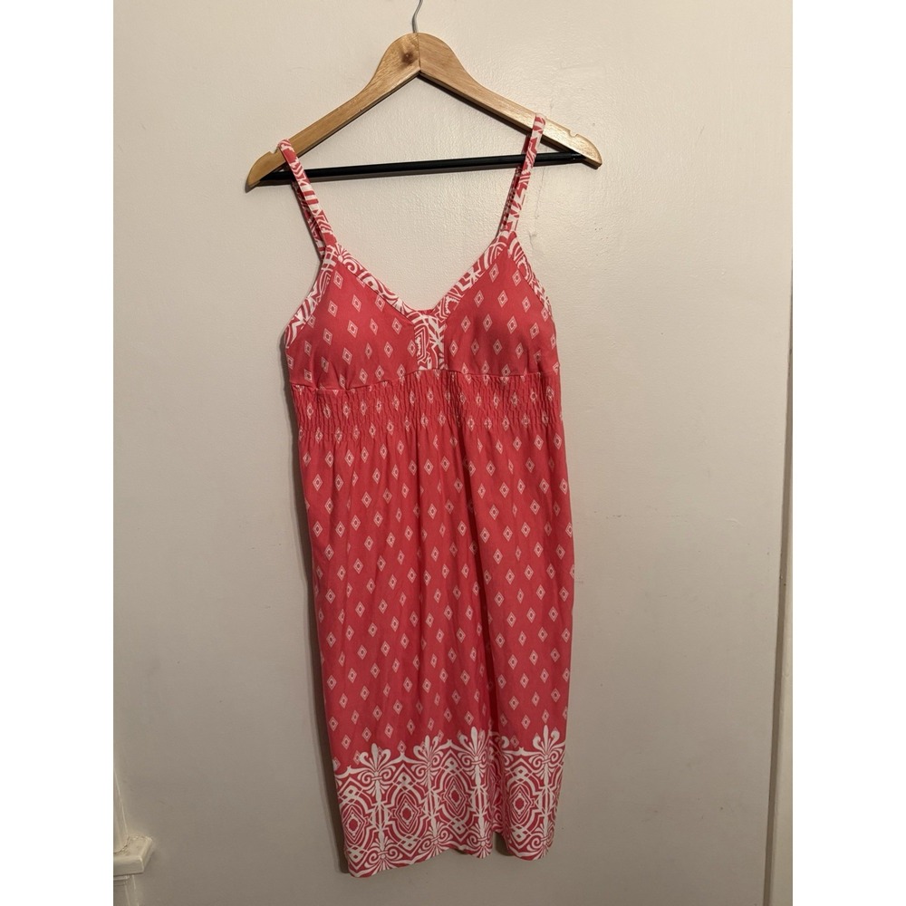 Athleta Women's Pink Bahia Border Dress Empire Waist Diamond Print Large $118